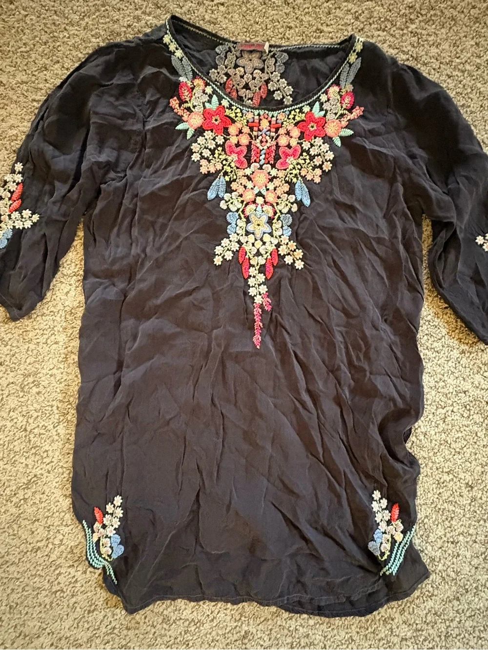 Women's Embroidered Black Boho Tunic Top